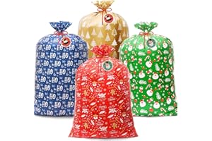 AhfuLife Jumbo Christmas Gift Bags, 36” x 56”, 4 PCS Extra Large Xmas Gift Bags Oversized Giant Bags with Tags & Ties, Holida