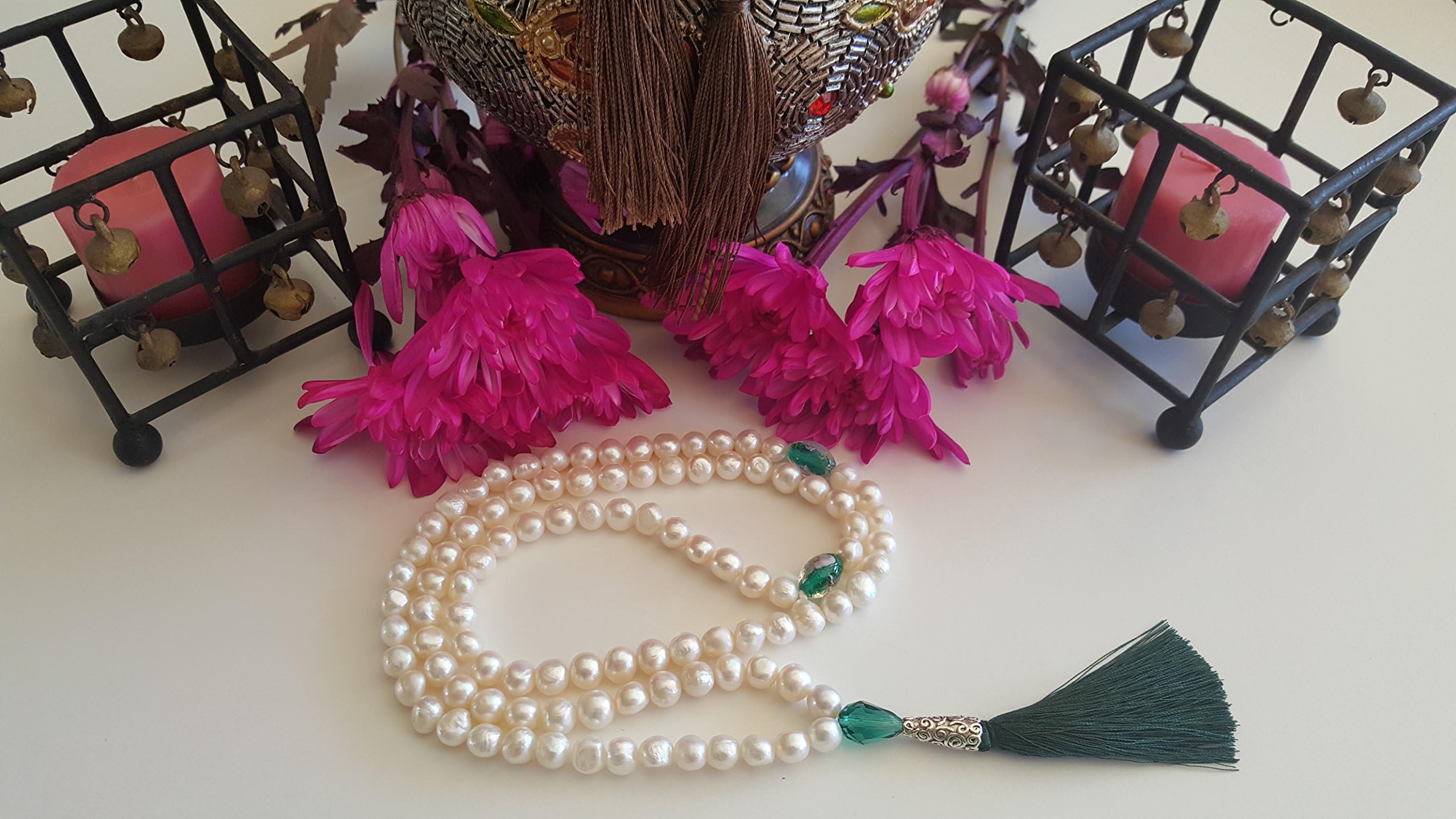 Artisan Hand Made ZamZam Tasbih Islamic Prayer Beads White 7-10mm Cultured Pearls 99 Set, Gorgeous lamp Work Glass Barrel Green Flower spacers