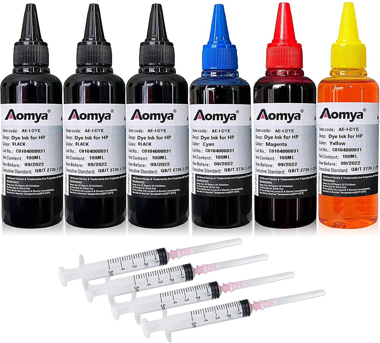 Aomya Ink refill kit 6x100ml Compatible with HP Ink Cartridges,Refill Kit for Ink Cartridges,compatible for HP Printers,Printer Refill Ink,Office Refill Ink,6x100ml,Free 4 Free Syringes
