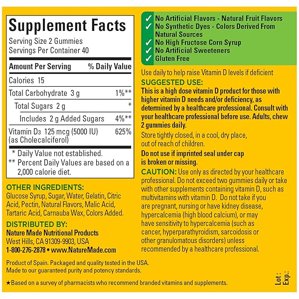 NATURE MADE VITAMIN D3 5000 IU PER SERVING GUMMIES EXTRA STRENGTH, BONE AND IMMUNE HEALTH SUPPORT, 80 VITAMIN D GUMMIES FOR ADULTS, 40 DAY SUPPLY