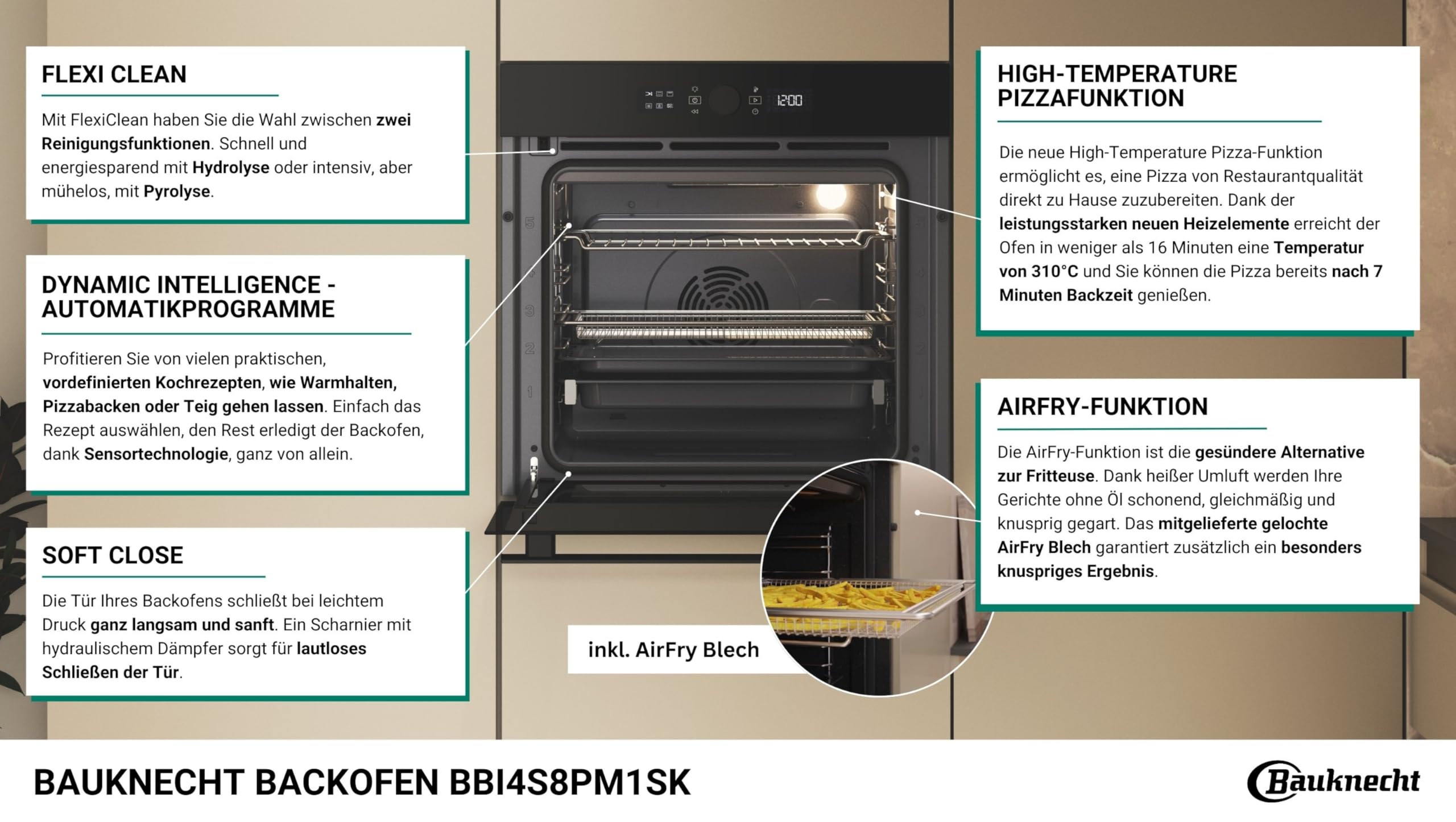 Bauknecht BBI4S8PM1SK Einbau-Heissluftbackofen/A+/ 73 l/Pyrolyse/SoftClose/AirFry Funktion inkl. Airfry-Tray/High Temp. Pizza Funktion/LCD Text-Display/Mono-Drehwähler/ 1x Teleskopauszug 7