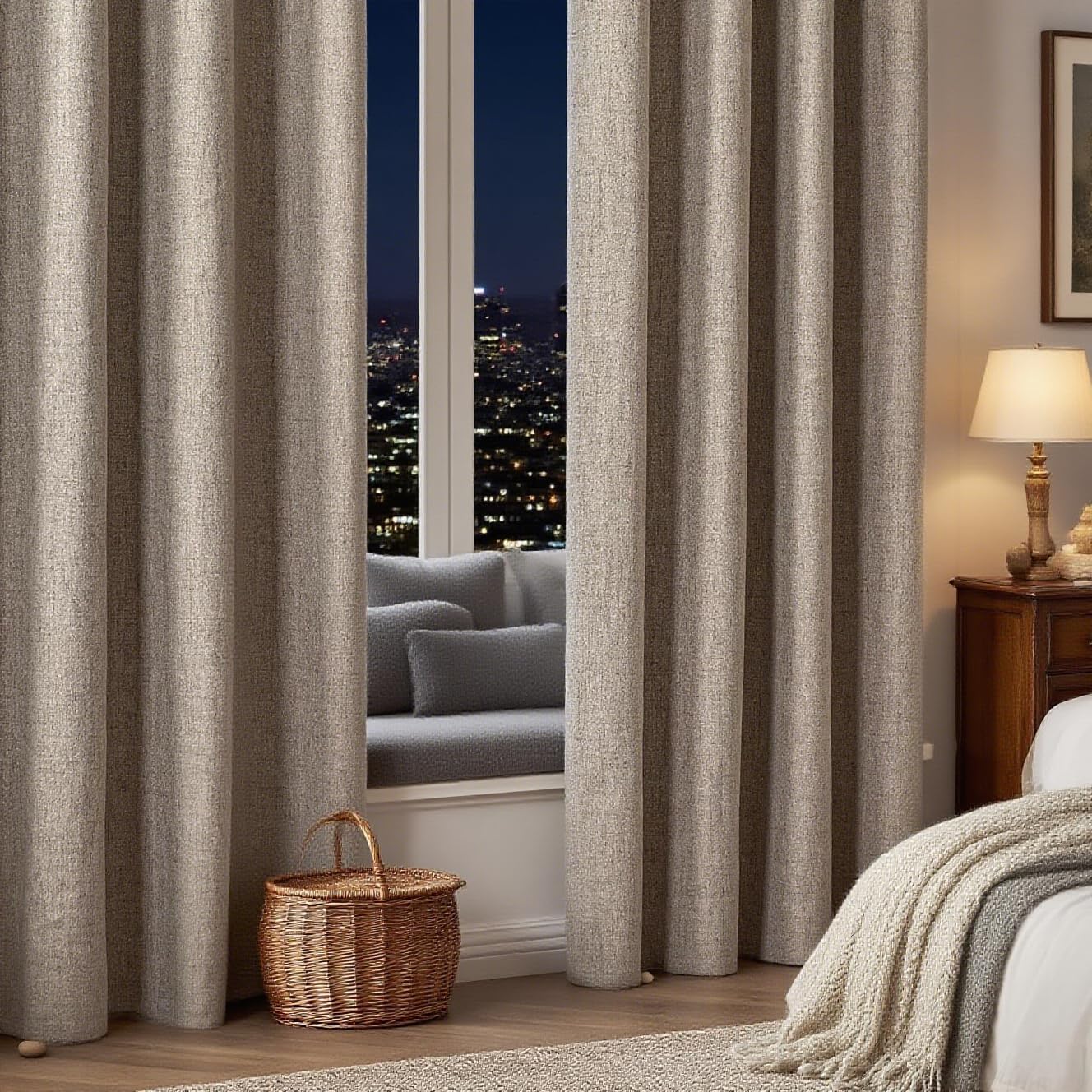 IGEMAEVE Linen Blackout Curtains 108 Inches Long for Bedroom,100% Black Out Curtains 2 Panels Set, Thermal Insulated Room Darkening Drapes Grommet Living Room Windows Home Deco(52x108 Inch, Linen) Image