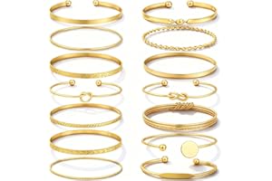 FAXHION Gold Bangle Bracelets for Women, 14 Pcs Multi Layer Stackable Bangle Set, 14K Gold Plated Textured Chunky Bracelets Boho Jewelrys Set