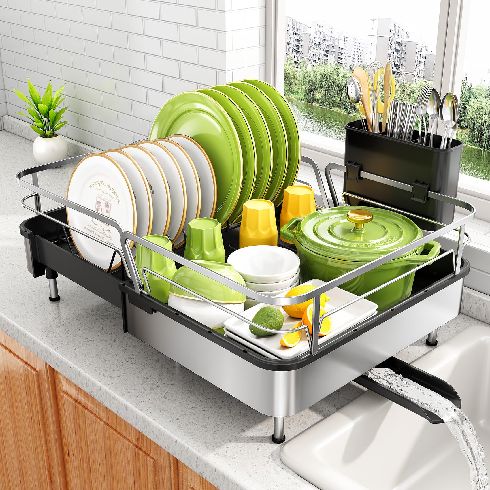 Photo 1 of Large Dish Drying Rack - Expandable Dish Rack for Kitchen Counter with High Guardrails, Stainless Steel Sink Drainer with Cutlery Holder, Black