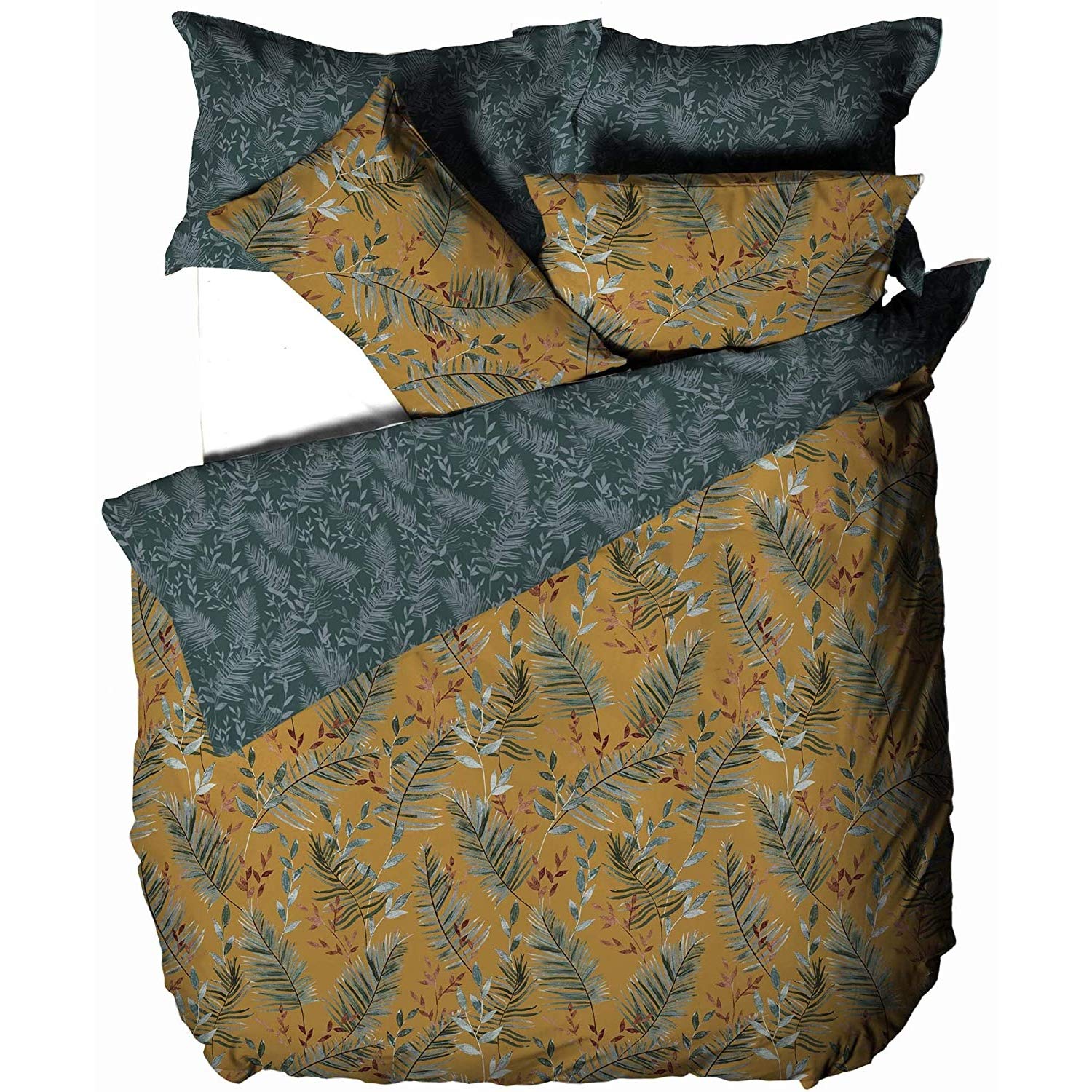 furn. Mazari Duvet Cover Set Reversible – Jungle Print Soft Polycotton Bedding (Mustard – Super King)