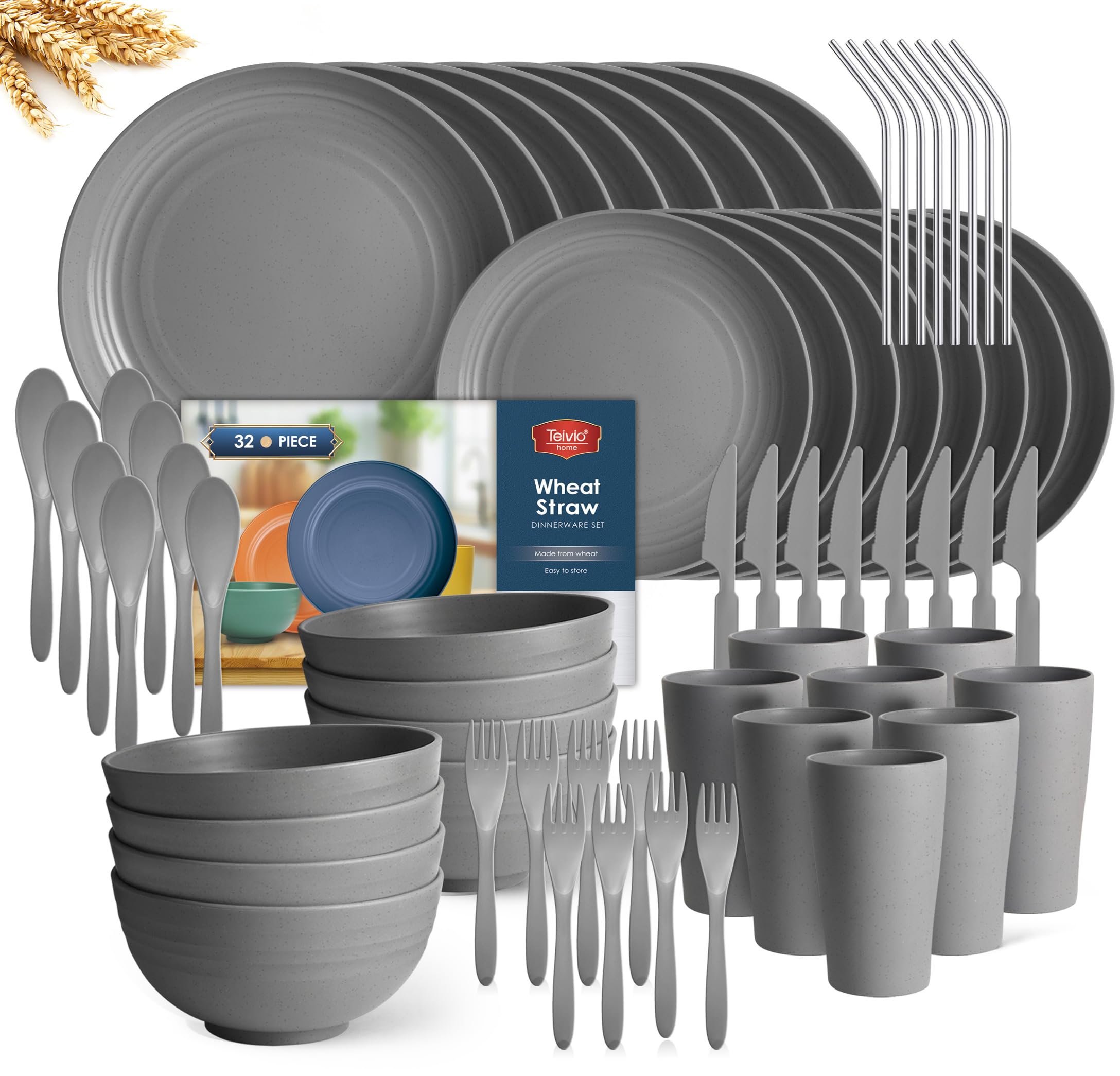 Photo 1 of Teivio 32-Piece with Flatware Kitchen Plastic Wheat Straw Dinnerware Sets, Service for 8, Dinner Plates, Dessert Plate, Cereal Bowls, Cups, Unbreakable Plastic Outdoor Camping Dishes, Grey
