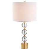 JONATHAN Y Ashley Crystal Faceted Orb Table Lamp 25.25", Clear/Brass Gold | White Linen Drum Shade, Modern Bedside Lighting, Metal Base, LED Bulb Included