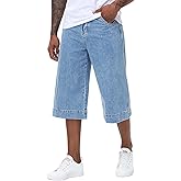 MZNBURAM Men's Non-Stretch Loose Fit Wide-Leg Super Baggy Extra Long Denim Shorts Jorts-17 Inseam Below Knee