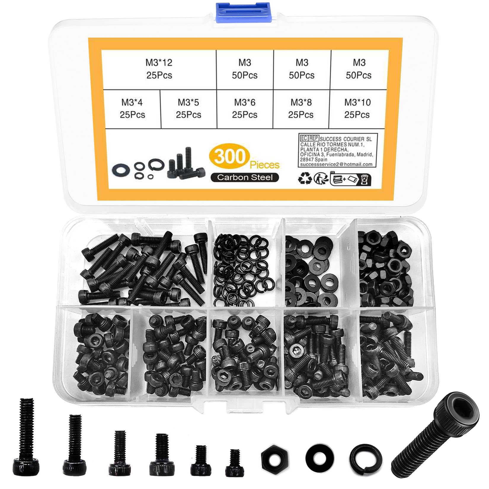 300 Pcs M3 Hex Socket Head Cap Screws Bolts and Nuts and Washers Assortment Kit, Black Mechanical Hexagon Socket Head Screws Nuts and Bolts with Washers for Home Office Electronic — image 1
