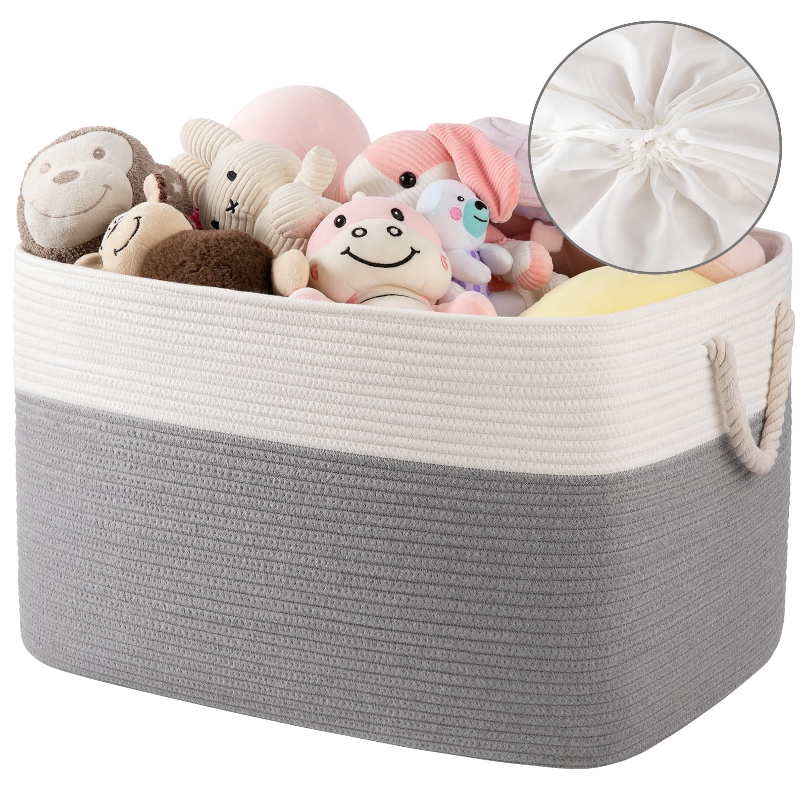 OIASKET 95L Extra Large Blanket Basket with Lid, 24" x 16.9" x 14.2" Woven Storage Basket for Living Room, Rectangle Nursery Blanket Storage for Toys, Towels, Dirty Clothes, Grey & White Image