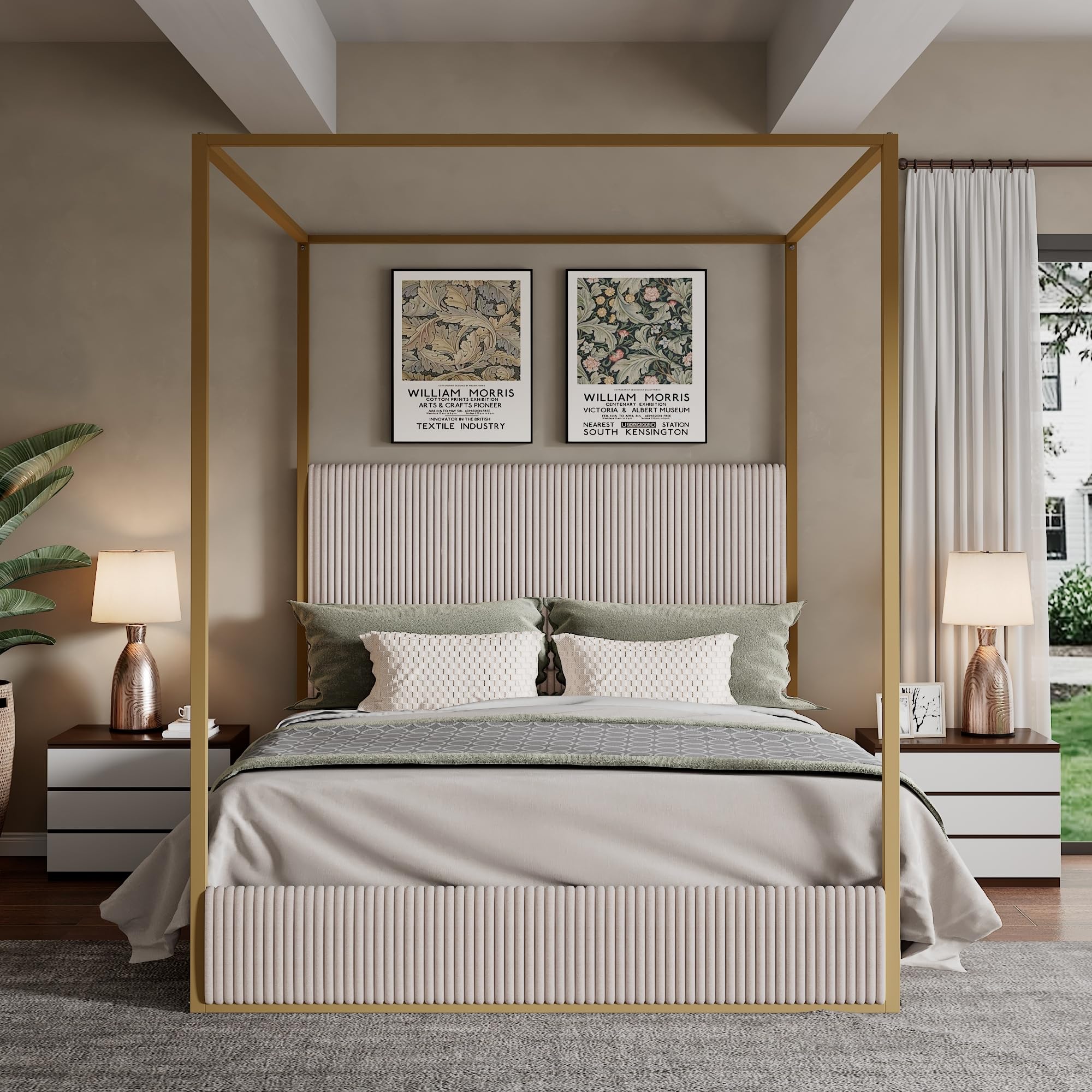 View 1 of ** TWO BOXESMerax Modern Luxury King Metal Canopy Bed with Tall Upholstered Headboard, Gold Four Poster Bed, No Box Spring Needed, Beige