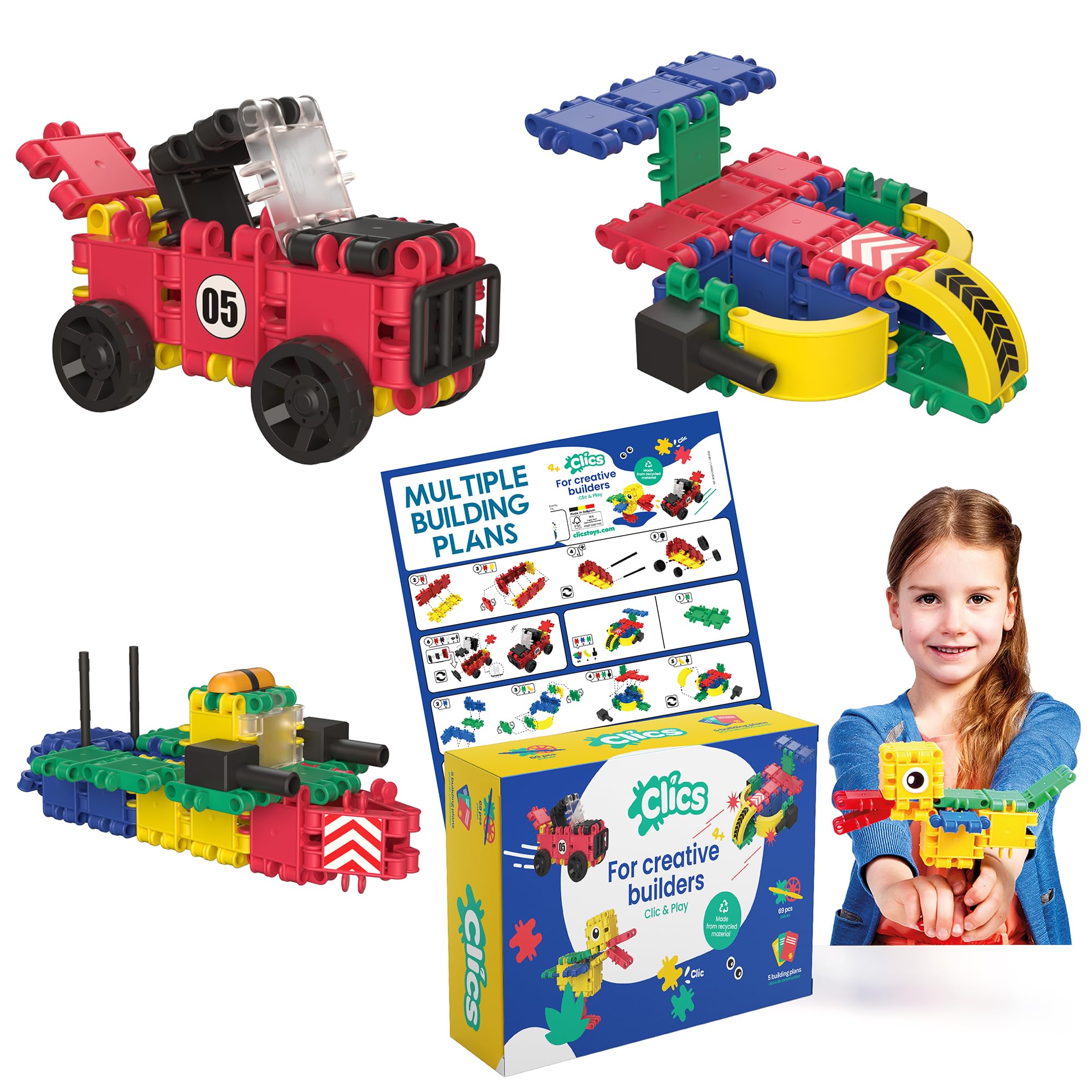 Clics construction toys for children from 3 years, creative educational toys in a 69 piece set, building blocks for girls and boys, Montessori STEM toys, durable toys made from recycled material — image 1