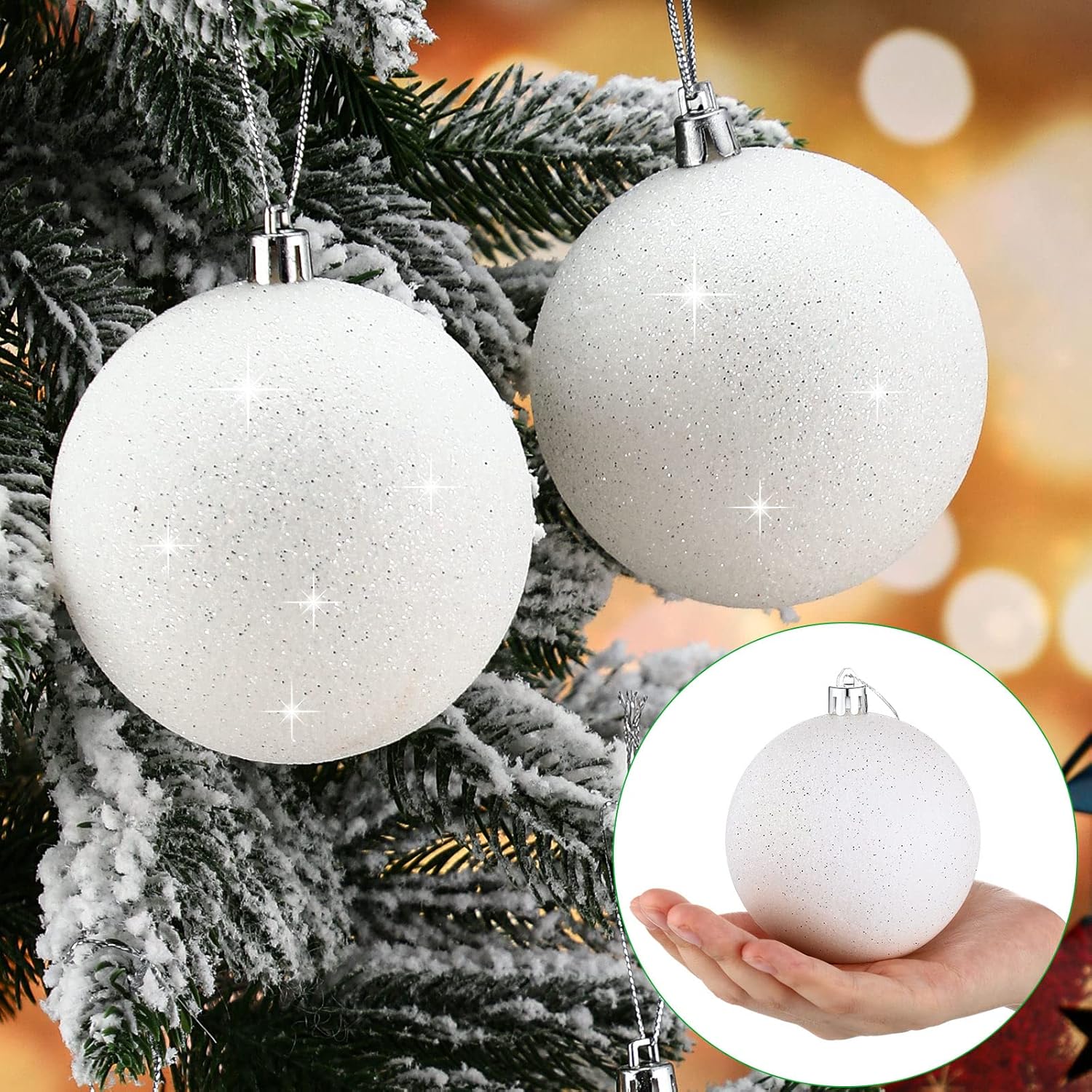 Ornaments - 12 Pieces Large Christmas Ornaments Balls, Glitter Snowball Ornaments for Christmas Tree, Plastic Hanging Christmas Tree Balls for Xmas Wedding Party Decorations (White)