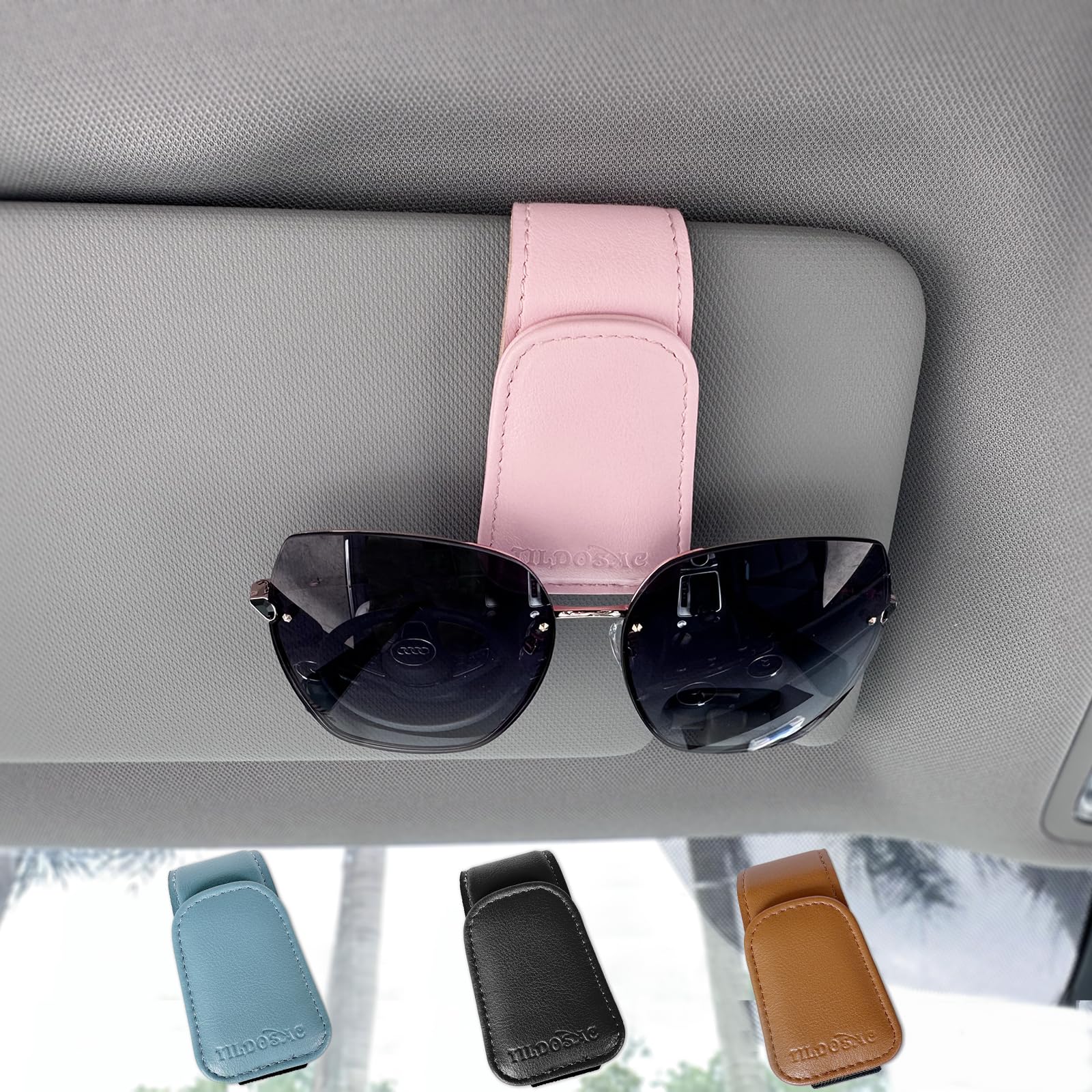 Photo 1 of TILDOSAC Sunglasses Holder for Car Visor, Leather Magnetic Sunglass Holder for Car with Clip, Pink