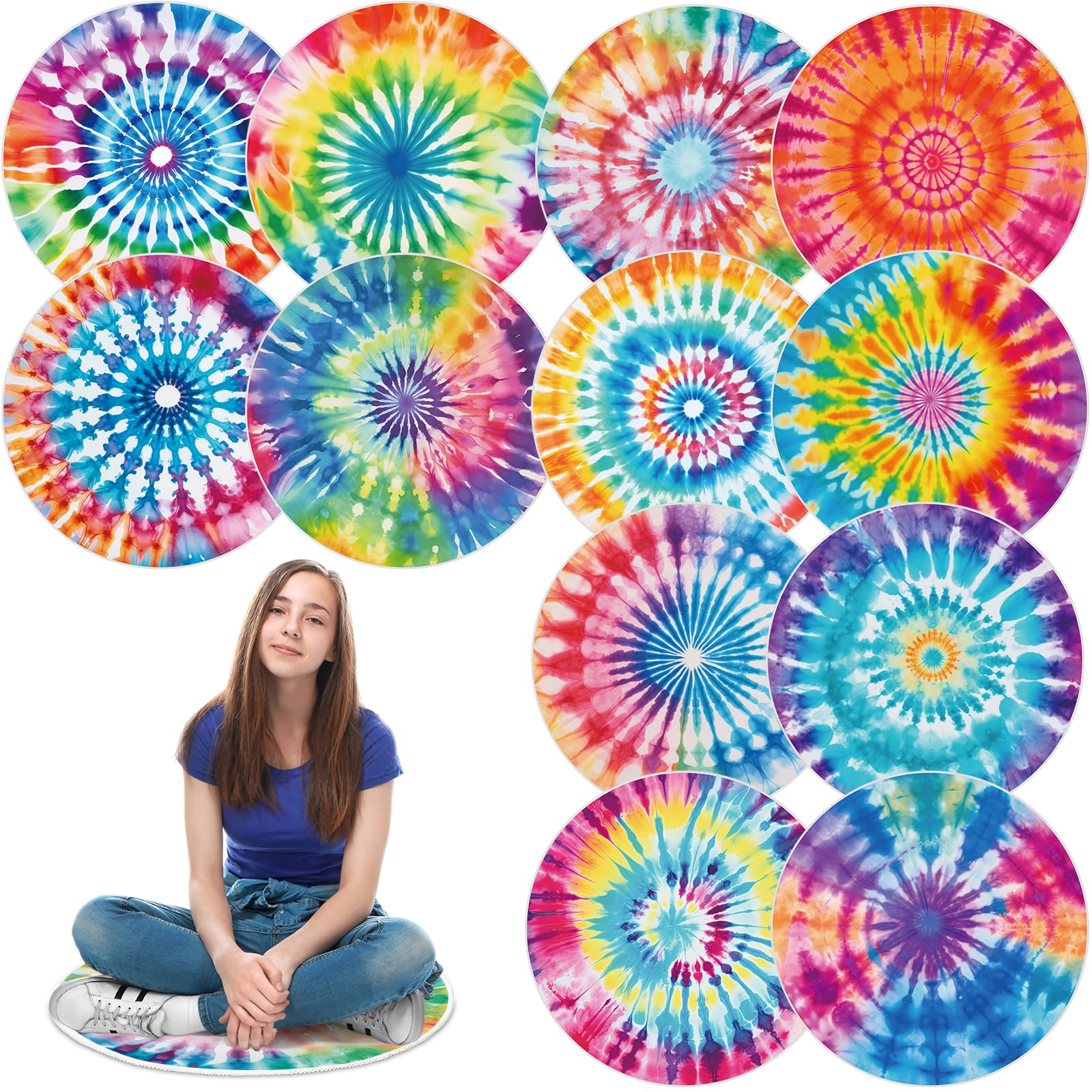 Photo 1 of 12 Pcs Carpet Circle Seats, 15 Inch Round Classroom Rug, Non Slip Corner Floor Cushion Mat, Circle Time Rug for Living Room, Learning, Playing Areas, Story Time, Group Activity (Tie Dye)