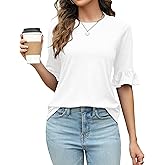 Rapbin Womens 3/4 Length Sleeve Tops Loose Fit Casual Crew Neck Shirts Ruffle Tunic Blouses