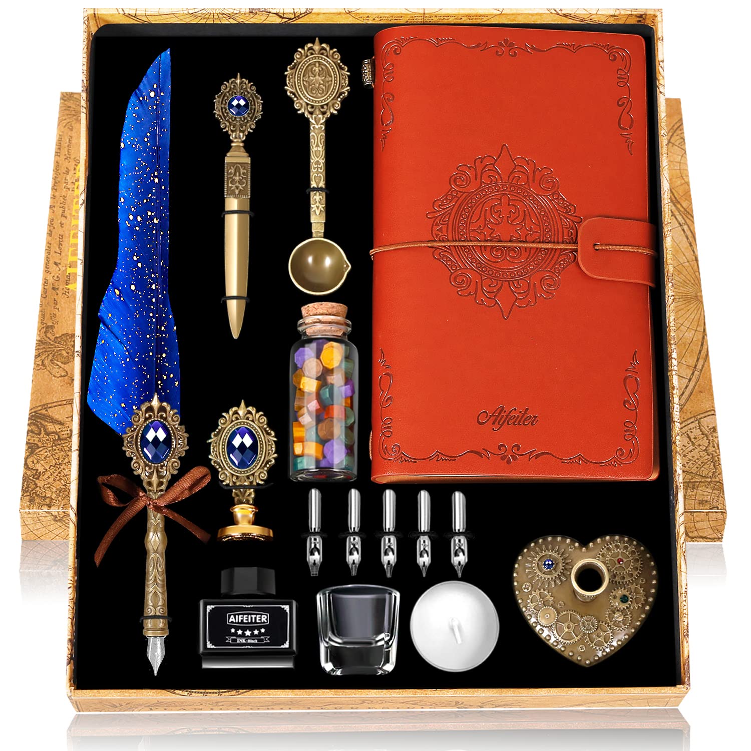 MPRINCE Feather Calligraphy Pen Set - Quill Pen and Ink Set - Christmas Gifts - Blue