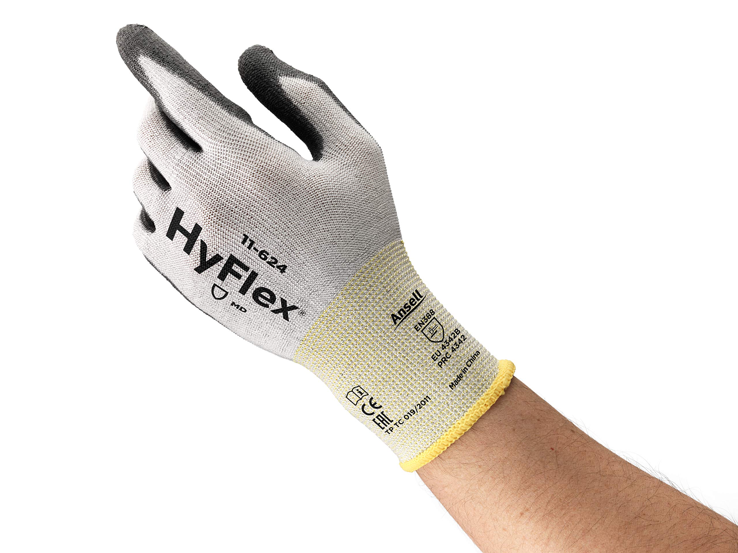 Ansell HyFlex 11-624 Work Gloves in Dyneema, High Cut Resistance, PU Coating for Strong Grip, Washable, Size 9/L (12 Pairs)