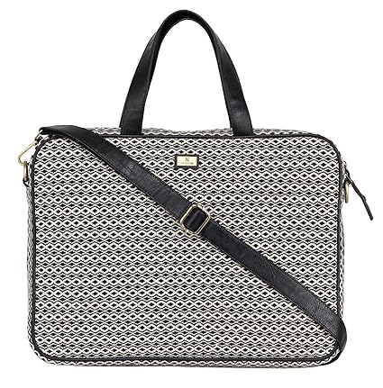 K London Eco-Friendly Black-Cream Jacquard & Vegan Leather Handmade Laptop Bag Cross Over Shoulder Messenger Bag Office Bag for Men & Women (2101_blk_wht_CRIS_Cross)