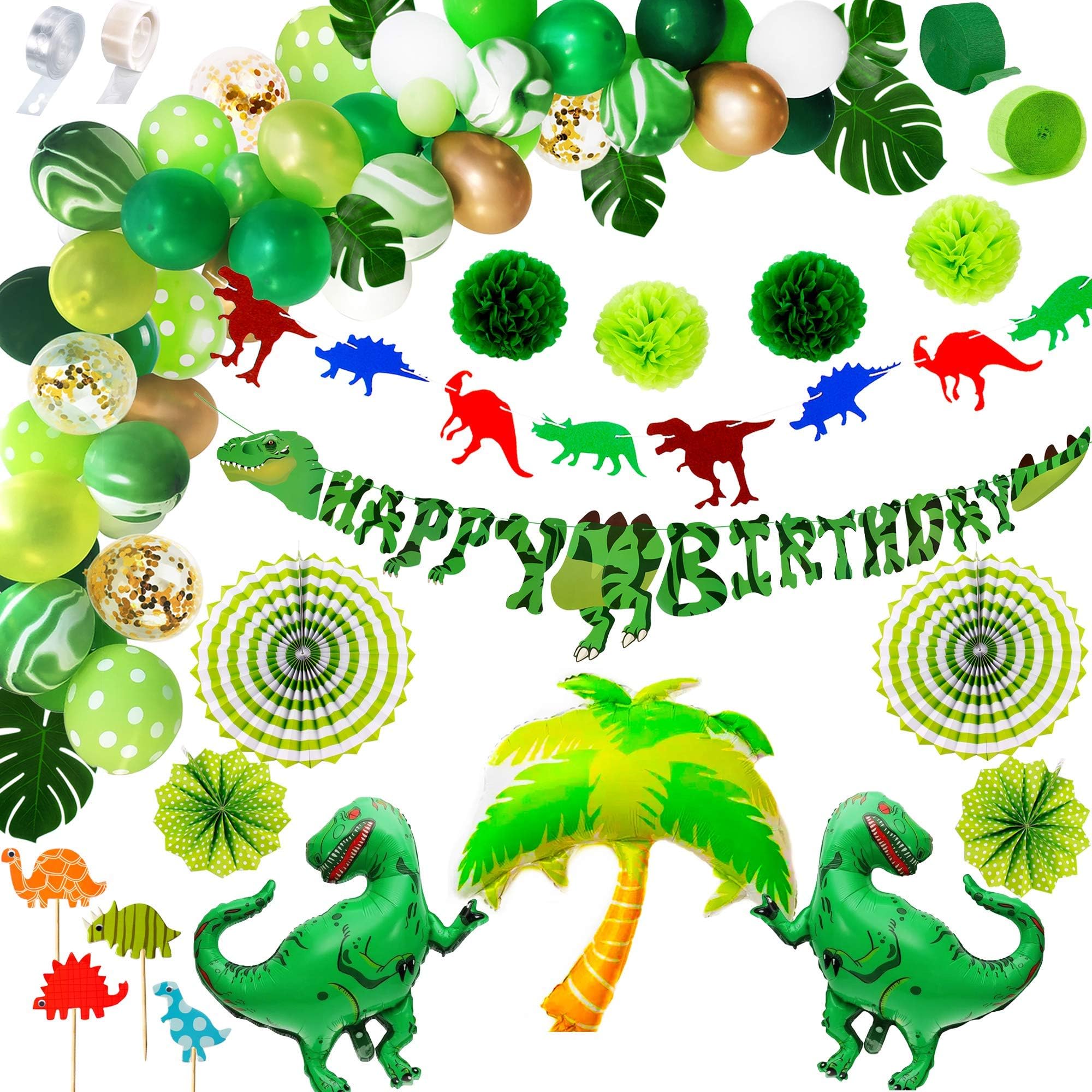 Dinosaur Party Supplies Birthday Decorations for Boys and Girls | Balloon Arch Garland Kit, Happy Banner, TRex Palm Tree Inflatable Balloons | Dino Jungle Animal Jurassic Park World Green Decor Theme