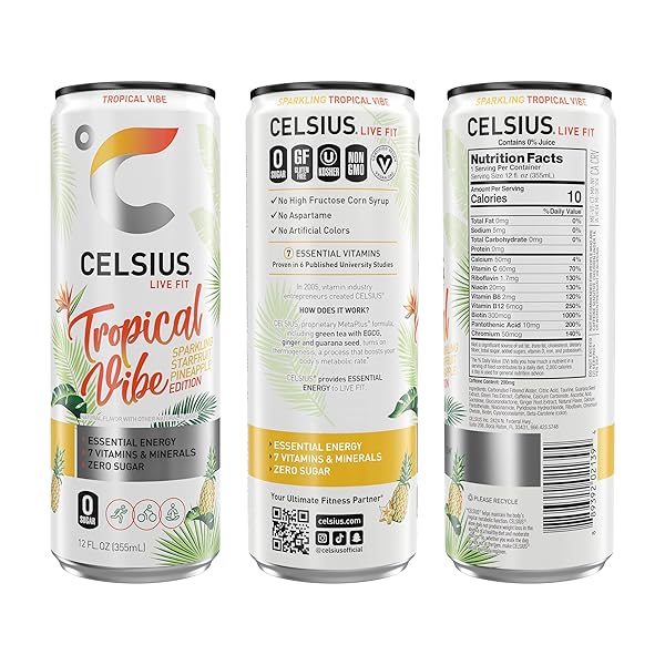 CELSIUS SPARKLING TROPICAL VIBE, FUNCTIONAL ESSENTIAL ENERGY DRINK 12 FL OZ (PACK OF 12)