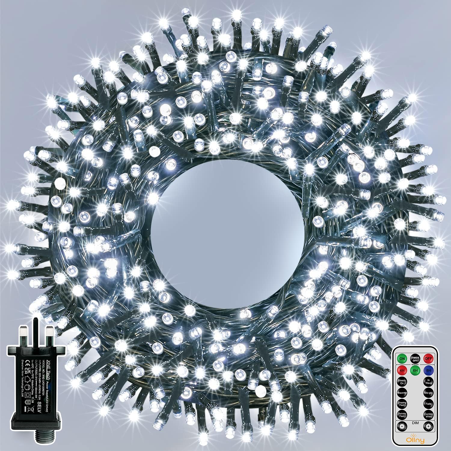 Ollny Christmas Tree Lights Outdoor, 20m 200 LED Fairy Lights Mains Powered, Cool White Waterproof String Light with Plug/Remote/Modes/Timer, Bright Lighting Outside Indoor Garden Xmas Decorations
