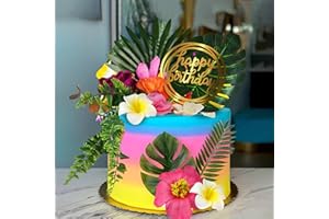 BANBALLON Flamingo Cake Toppers Summer Cake Decorations with Flowers Palm Leaf Boho Grass Cake Toppers for Tropical Hawaiian Beach Luau Themed Party Supplies