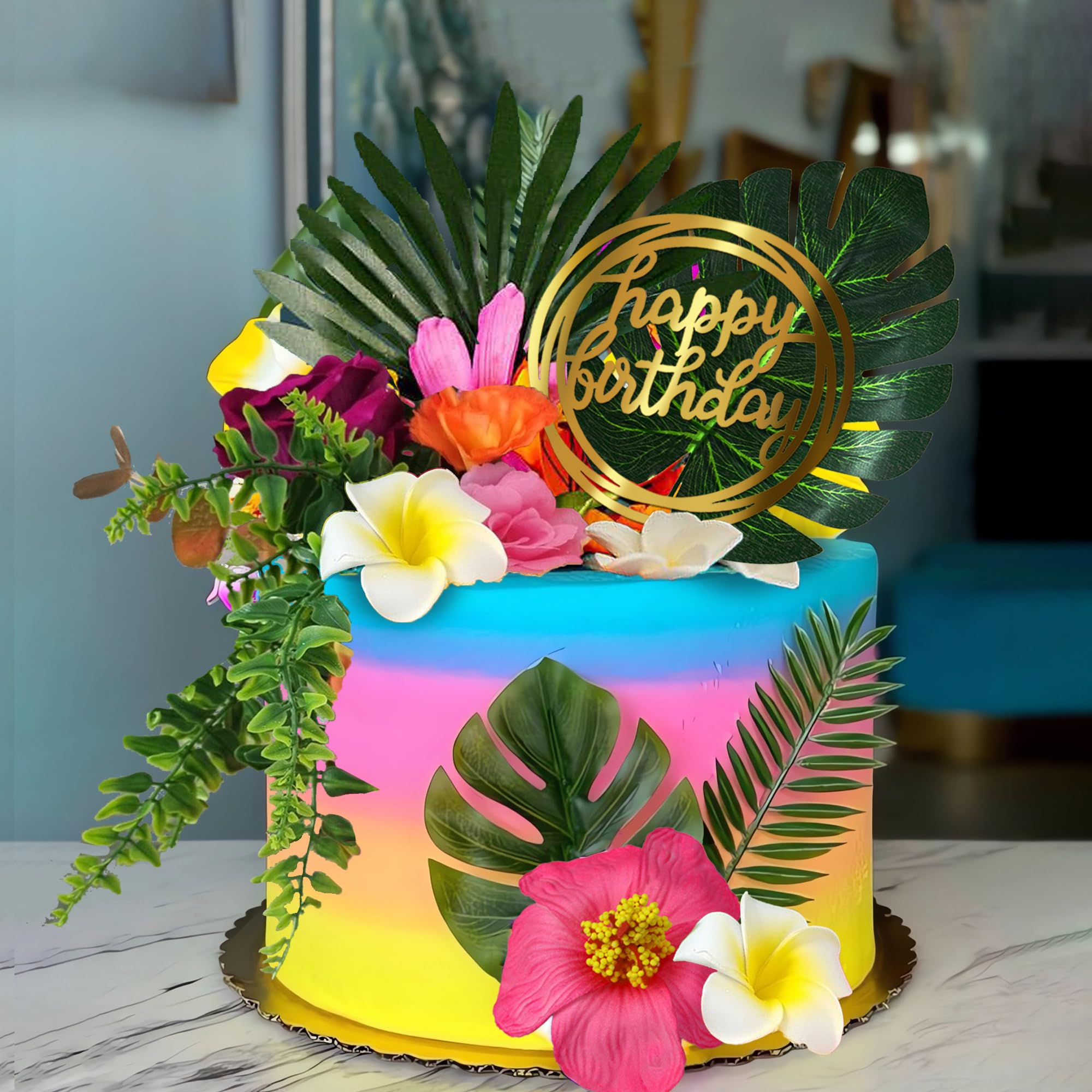 Photo 1 of BANBALLON Flamingo Cake Toppers Summer Cake Decorations with Flowers Palm Leaf Boho Grass Cake Toppers for Tropical Hawaiian Beach Luau Themed Party Supplies