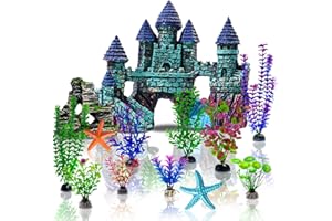 Mechpia 13 Pieces Aquarium Decorations Kit, Fish Tank Decorations Set Small Resin Castle and Rockery Betta Fish Cave Hideout Coral Artificial Plastic Plants Ornament Accessories