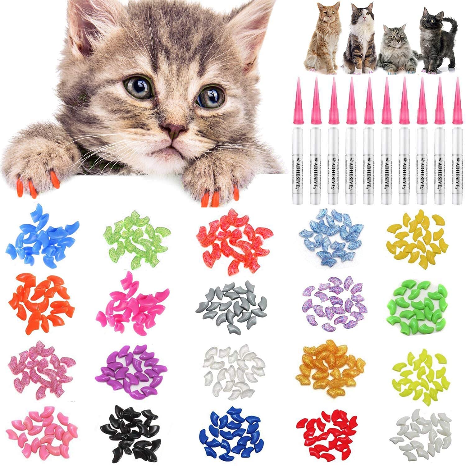 JOYJULY 100pcs Cat Nail Caps Pet Cat Claw Kitty Caps Control Soft Paws of 5 Different Colorful Nail Covers for Cats+ 5 Adhesive Glue+3 Applicator with Instruction, Large L