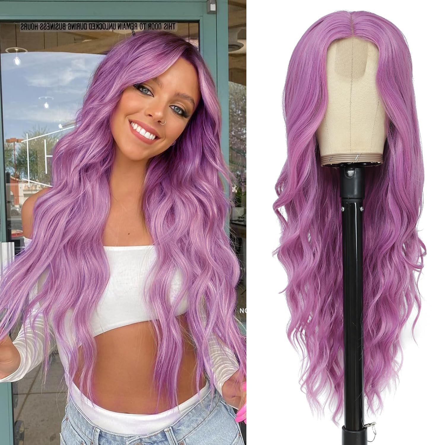 PORSMEER Long Pink Purple Wavy Wig for Women 26 Inch Lace Middle Part Curly Wavy Wig Natural Looking Synthetic Heat Resistant Fiber Hair for Daily Party Use — image 1