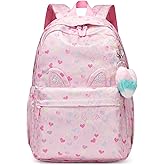 Reqinqin Kids Backpack Girls And Boys Pink Waterproof Large Space School Backpack Suitable for Age for Over 6 Years old Lightweight Travel Cat Ear Heart Keychain Toddler Backpack(Pink Heart)