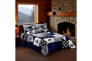 Manfei Camo Deer Antlers Comforter Set Full,Geometric Plaid Patchwork Bedding Set 3pcs for Kids Teens Girls Boys Room Decor,B