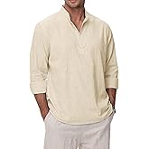 VANCOOG Cotton Linen Shirts for Men Lightweight Casual Long Sleeve Henley Beach Hawaiian Tops