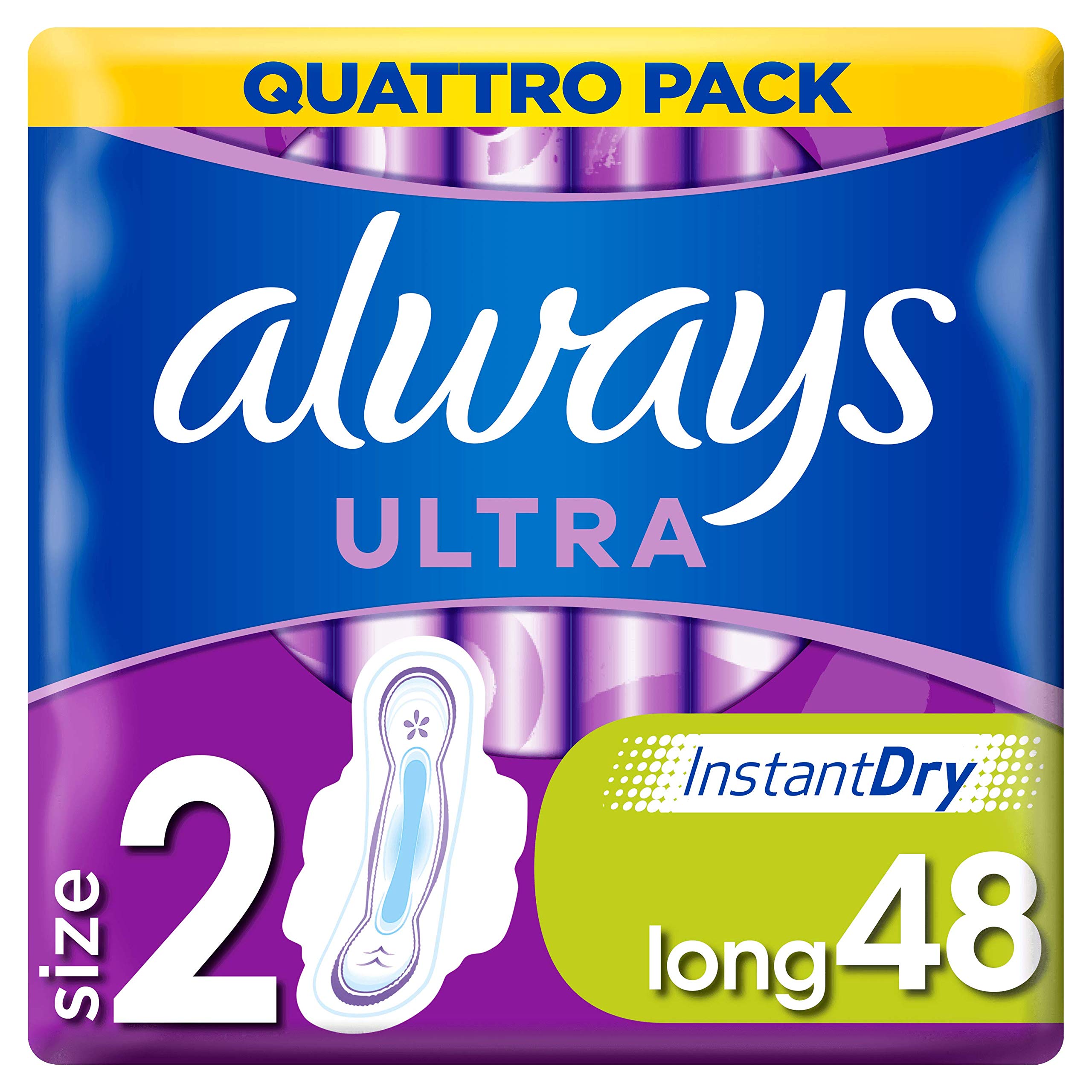 Always Ultra Long (Size 2) Sanitary Towels with Wings 48 Pads Super Absorbent, Neutralises Odours, Ultra Thin