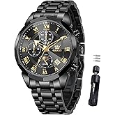 OLEVS Watches Men Luxury Chronograph Moon Phase Waterproof Luminous Watches for Men Analog Quartz Calendar Stainless Steel Strap Wrist Watches-(Black/Blue/Gold/Grey/Silver Face)