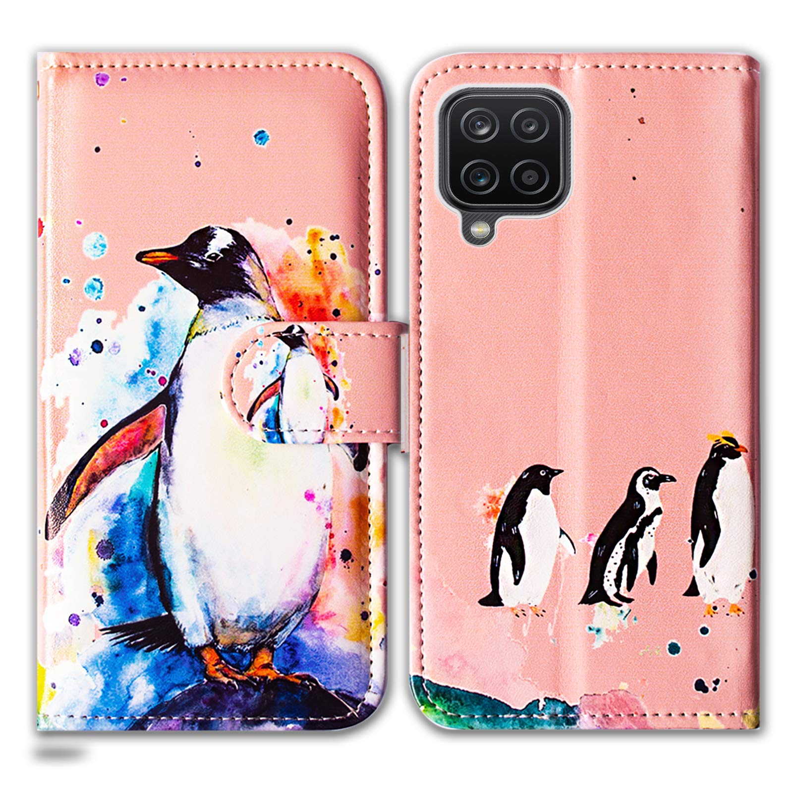 Bcov Galaxy A12 Case, Penguin Drawing Leather Flip Phone Case Wallet Cover with Card Slot Holder Kickstand For Samsung Galaxy A12 2021