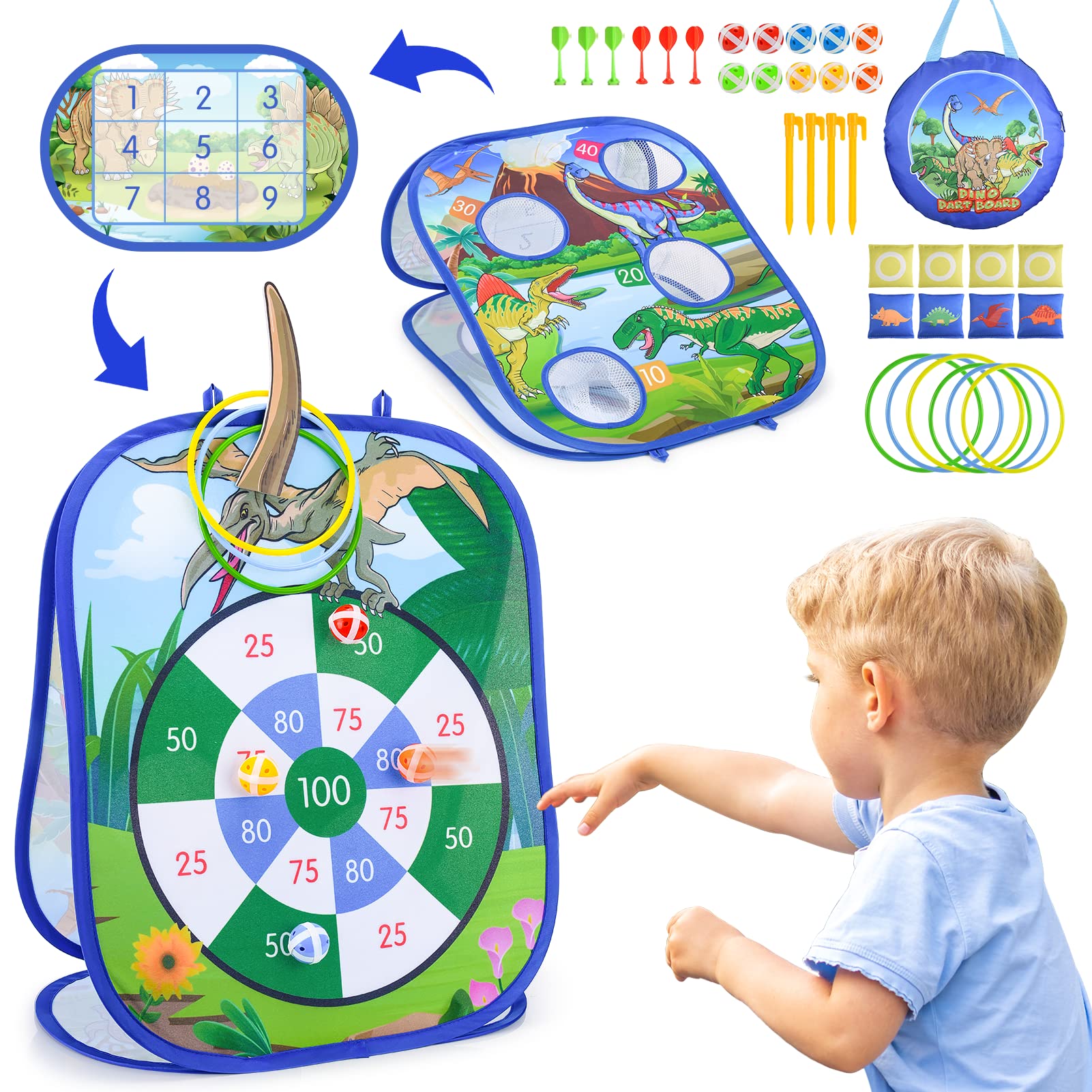 Corrit Dinosaur Toys for 3-10 Year Old Boys, Kids Dart Board Set Bean Bag Toss Garden Games, Boys Toys age 3-10 Year Old Boy Gifts, Indoor Outdoor Toy Kids Party Games Supplies Cornhole Game