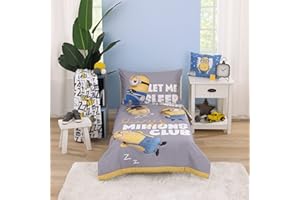 NOJO Illimuniation Lazy Minions Club Gray, Blue, Yellow, and White Let Me Sleep 4 Piece Toddler Bed Set - Comforter, Fitted Bottom Sheet, Flat Top Sheet, and Reversible Pillowcase