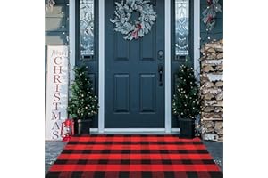 CAINANEL Christmas Door Mat Outdoor 35.4''x59'' Buffalo Plaid Christmas Decor Rug Cotton Hand-Woven Layered Door Mats Washable Carpet for Front Porch, Kitchen, Farmhouse, Entryway