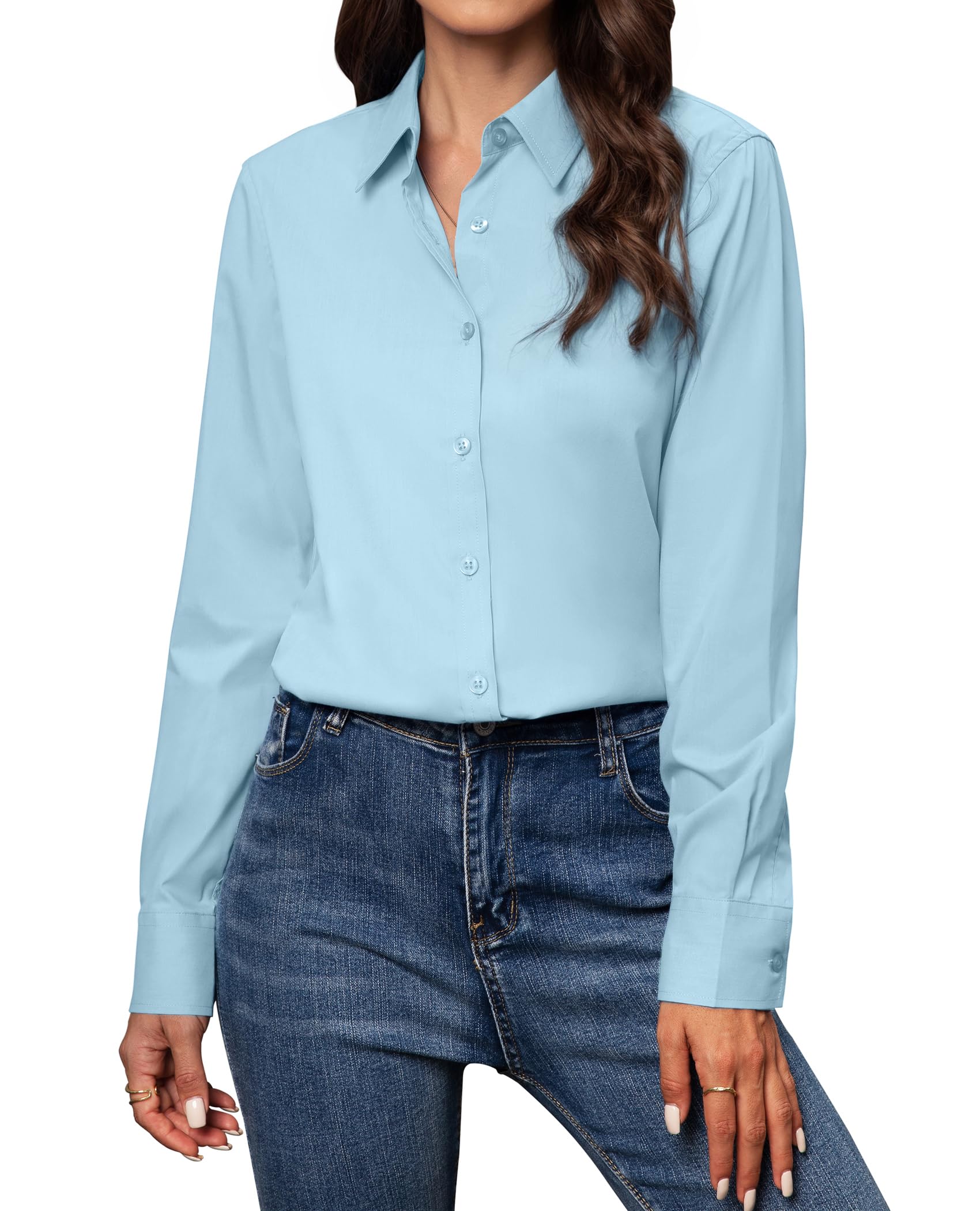 Photo 1 of (missing button) Gleeivy Button Down Shirts for Women Long Sleeve Dress Shirts Classic Fit Solid Cotton Women Dress Shirts Work Office Light Blue M