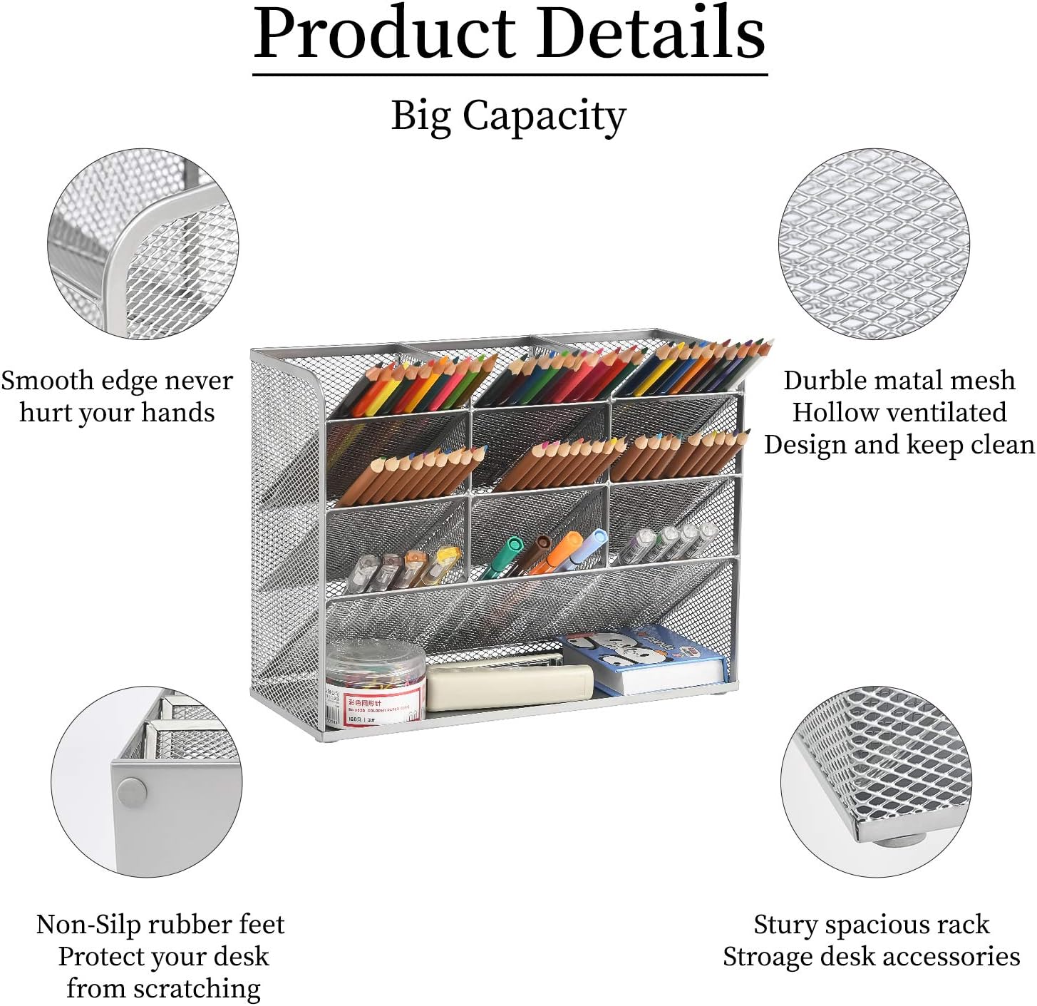 Marbrasse Mesh Desk Organizer, Multi-Functional Pen Holder, Pen Organizer for desk, Desktop Stationary Organizer, Storage Rack for School Home Office Art Supplies (Black): Home Improvement