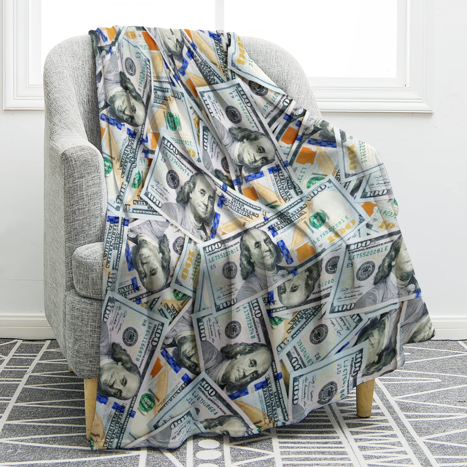 Jekeno Money Blanket 100 Dollar Bills Pattern Gifts for Women Men Husband Dad for Father's Day Birthday Prensents Home Bedroom Living Room Wealth Decor Soft Cozy Throw Blankets 60"x80" Image