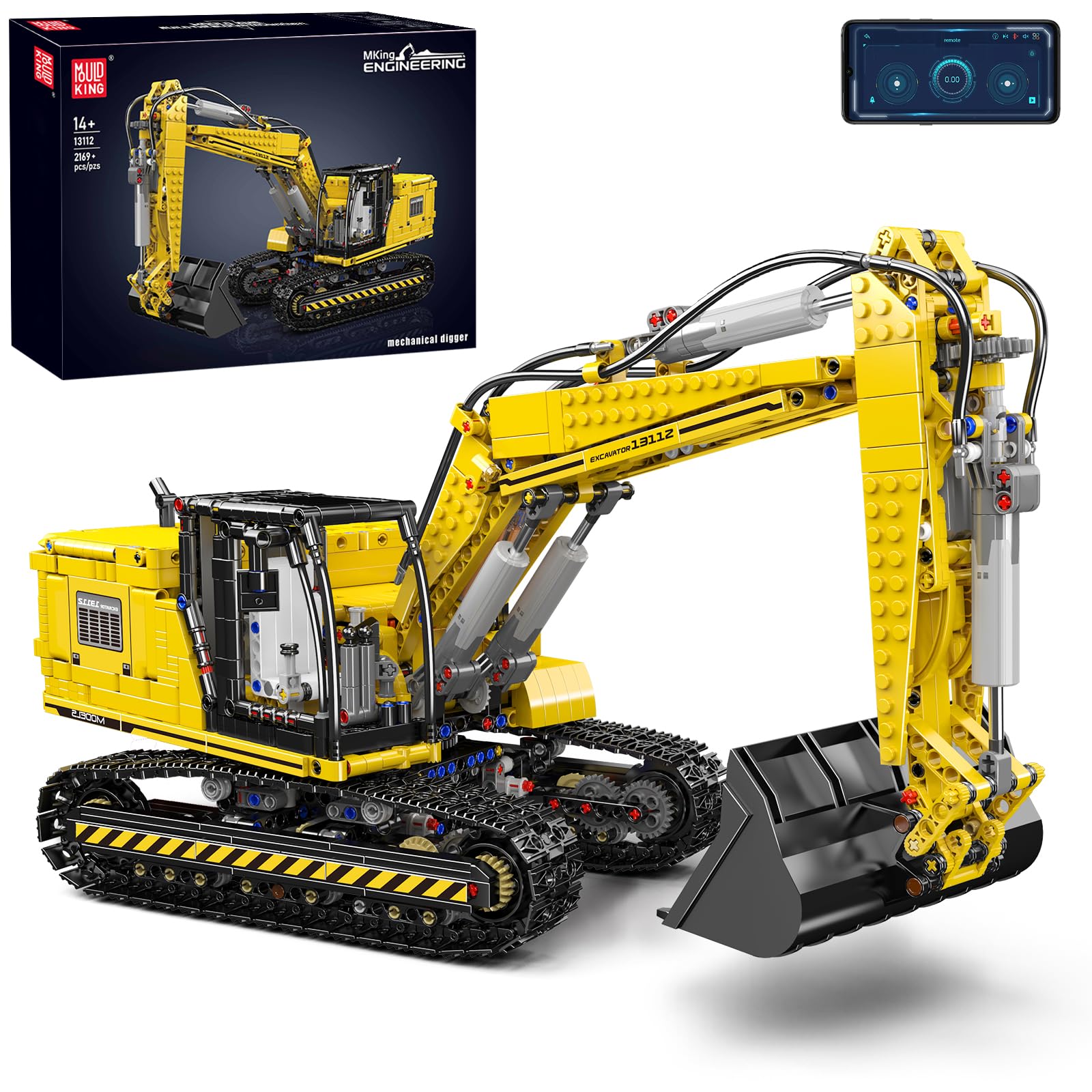 Mould King Technik Bagger Bausatz, Ferngesteuertes Bagger Modell mit APP & Fernbedienung, Motorisierter RC LKW Kettenbagger Klemmbausteine Set, Engineering Fahrzeug Modell ab 14 Jahren