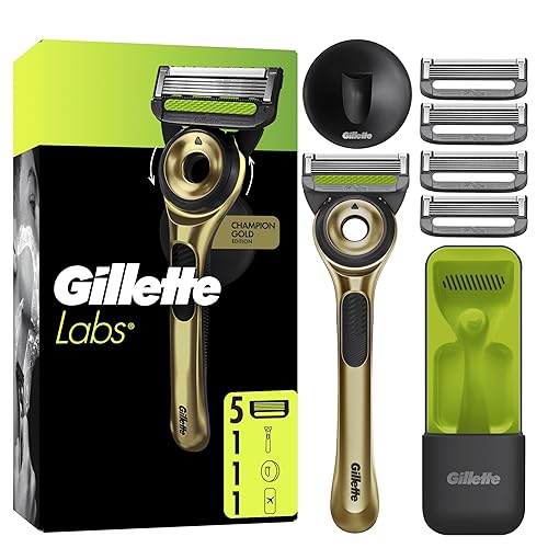 GilletteLabs With Exfoliating Bar, Razor For Men Champion Gold Edition, 1 Handle - 5 Blades, Includes Travel Case for Convenient Storage On The Go and Wall Hanger for Easy Storage in the Bathroom