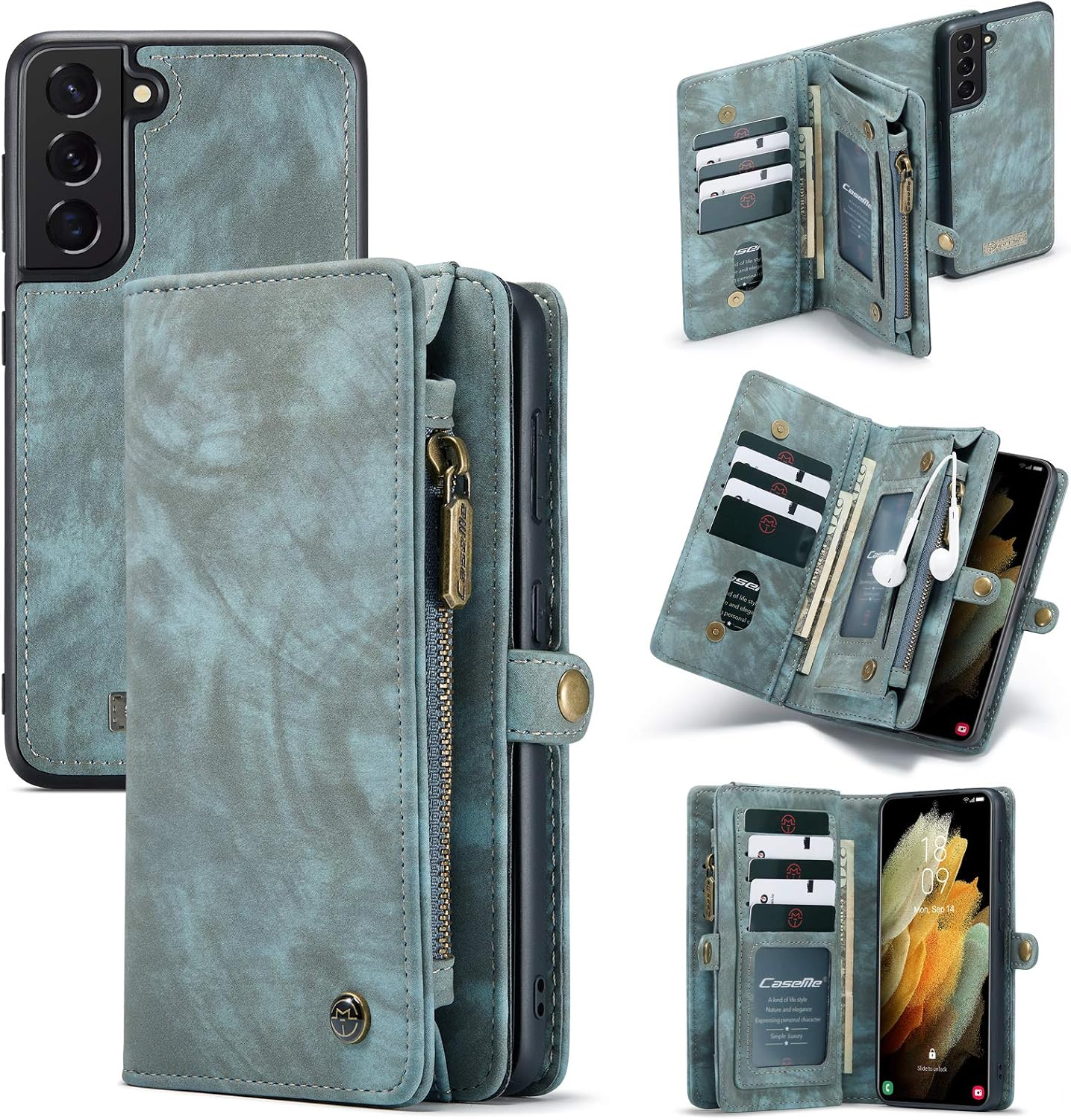 ANROD Detachable Leather Wallet Case for Samsung Galaxy S21,CaseMe Magnetic Closure 2-in-1 Flip TPU Shockproof Zipper Purse Back Cover with Card Slots (Blue)