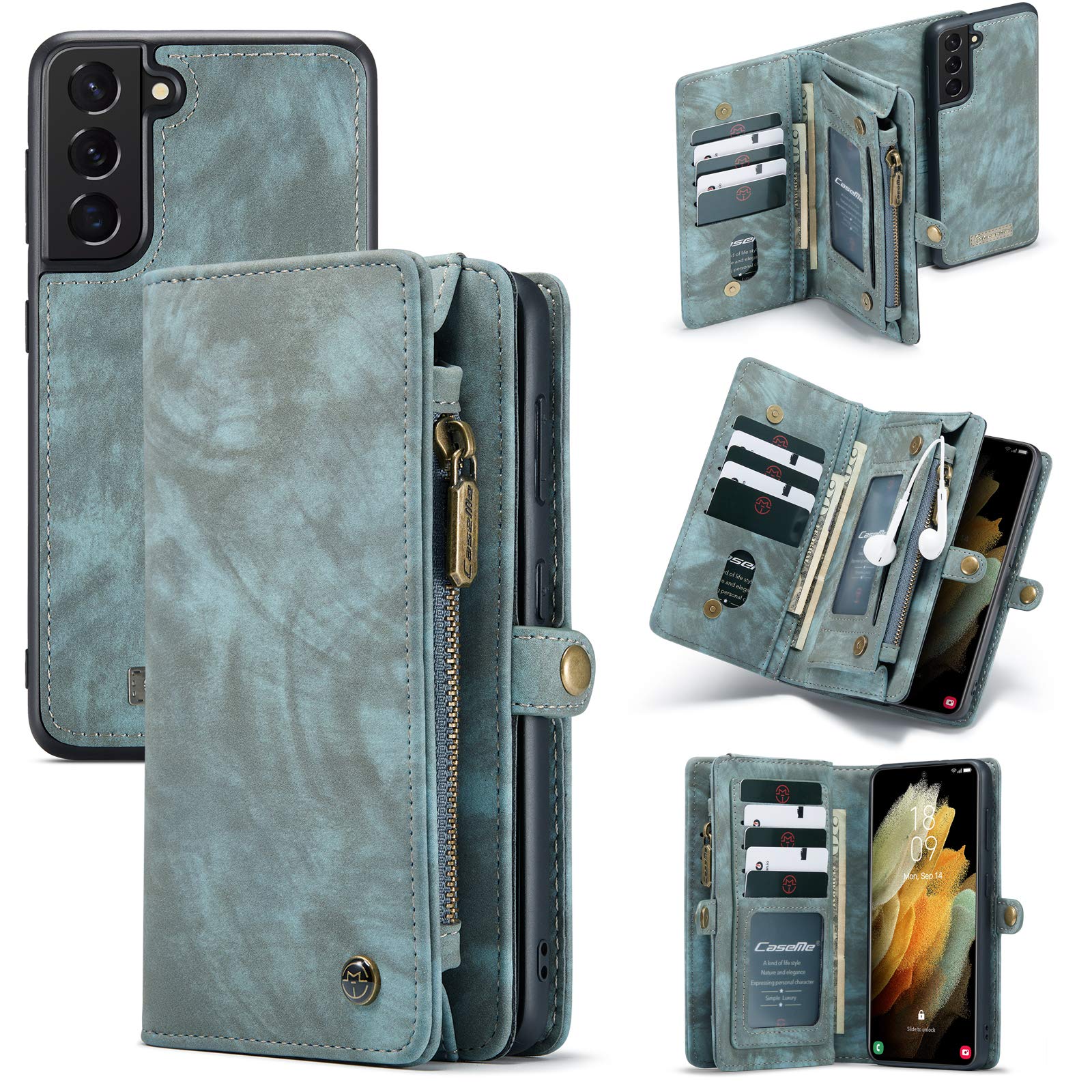 ANROD Detachable Leather Wallet Case for Samsung Galaxy S21,CaseMe Magnetic Closure 2-in-1 Flip TPU Shockproof Zipper Purse Back Cover with Card Slots (Blue)