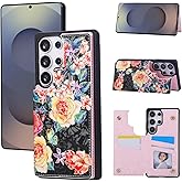 UEEBAI Wallet Case for Samsung Galaxy S25 Ultra 5G with Card Holders, PU Leather Cover Kickstand RFID Blocking Double Magnetic Clasp Rilievo Flower Flip Case for Women Girls - Black Rose