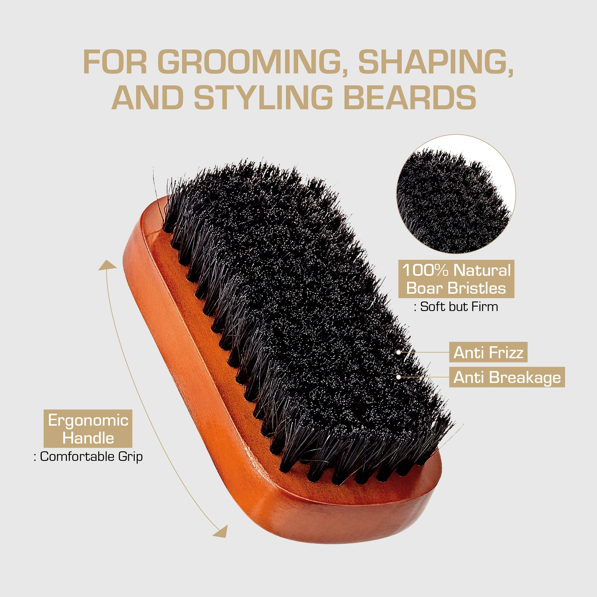 RED by Kiss Beard Brush with 100% Natural Boar Bristles for Men, Premium Wooden Brush, Beards Mustaches Grooming Shaving Comb, Tame and Soften Facial Hair (MILITARY)