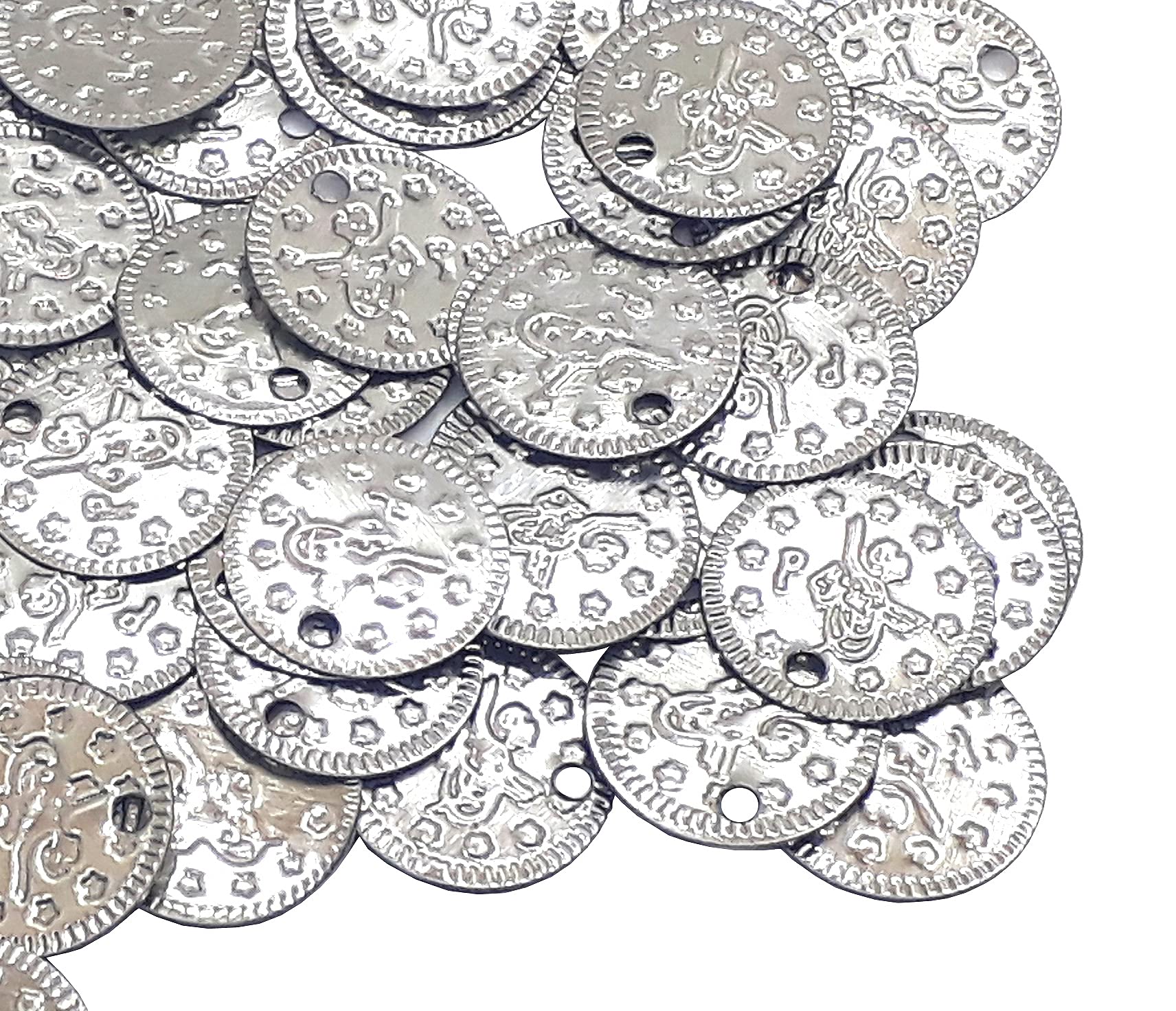 Perlin Metal Coin Beads Charm, Pack of 100, 15 mm, Ottoman Tugra, for Jewelry Making, Hair Accessories, Belly Dance Costumes (Silver)